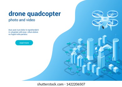 Drone photo video concept. Quadcopter with the camera against city background. Isometric vector illustration