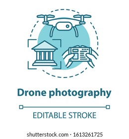 Drone photography concept icon. Quad copter with camera spying on house. Shooting historical objects from unusual angle. Vector isolated outline RGB color drawing. Editable stroke