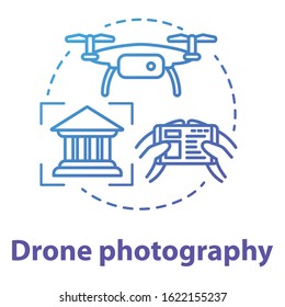 Drone photography concept icon. Quad copter with camera spying on house. Shooting historical objects from unusual angle. Vector isolated outline RGB color drawing