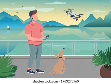 Drone photography flat color vector illustration. Remote control for robot with propeller. Technology to film video at seascape. Content creator 2D cartoon character with interior on background