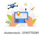 Drone Photography Vector Illustration featuring a Drone with a Remote Control, Capturing Aerial Photos and Videos from Above in a Flat Background