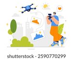 Drone Photography Vector Illustration featuring a Drone with a Remote Control, Capturing Aerial Photos and Videos from Above in a Flat Background