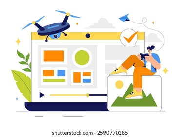 Drone Photography Vector Illustration featuring a Drone with a Remote Control, Capturing Aerial Photos and Videos from Above in a Flat Background