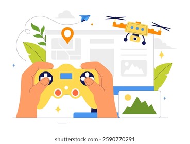 Drone Photography Vector Illustration featuring a Drone with a Remote Control, Capturing Aerial Photos and Videos from Above in a Flat Background