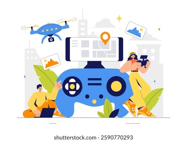 Drone Photography Vector Illustration featuring a Drone with a Remote Control, Capturing Aerial Photos and Videos from Above in a Flat Background