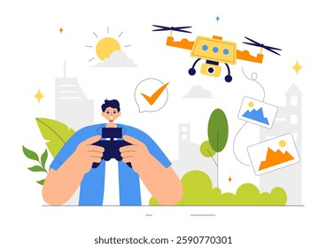 Drone Photography Vector Illustration featuring a Drone with a Remote Control, Capturing Aerial Photos and Videos from Above in a Flat Background