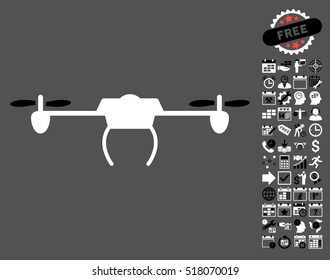 Drone pictograph with bonus calendar and time service images. Vector illustration style is flat iconic symbols, black and white colors, gray background.