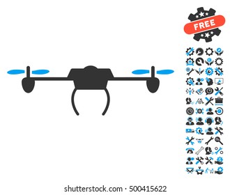 Drone pictograph with bonus service design elements. Vector illustration style is flat iconic symbols, blue and gray colors, white background.