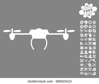 Drone pictograph with bonus setup tools icon set. Vector illustration style is flat iconic symbols, white color, gray background.
