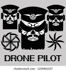 Drone pilot icon.
Symbolic drawing of a human head and a technical device.