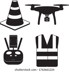 Drone pilot kit and safety equipment silhouette icons vector drone, controller, cone, hi vis
