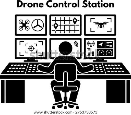 Drone Pilot Operating Remote Control Station with Multiple Flight Monitors Vector Icon