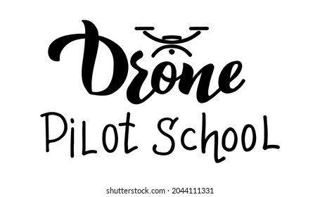 Escuela Piloto de Drones - Grabación de la mano vectorial. Un logotipo para su club, escuela o curso piloto de drones, entrenando a un operador de drones para fotografía aérea. Cartel, logotipo, emblema para su proyecto. 