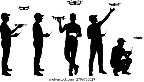 Drone pilot silhouettes showing man holding remote controller, flying multicopter quadcopter, catching, and operating drone camera device, illustration