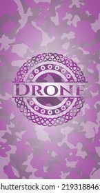 Drone pink and purple camouflaged emblem. Vector Illustration. Detailed. 