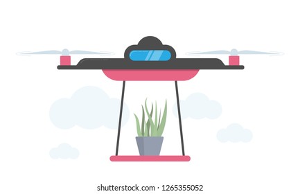 Drone Plant Delivery Concept Vector Illustration. Quadrocopter transporting Aloe Vera. Flat style design.