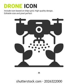 Vector de iconos de drones y plantas con estilo de glifo aislado en fondo blanco. Icono de símbolo de señalización de la ilustración vectorial para agricultura digital, negocios, agricultura, aplicaciones y todos los proyectos