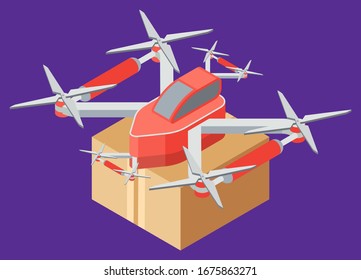 Drone with propeller vector, isolated helicopter with parcel. Fulfilling orders, flying with box fragile items inside of container. Transporting and shipping, delivery by robots illustration