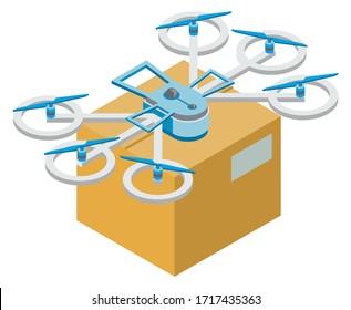 Drone with propeller vector, isolated helicopter with parcel. Fulfilling orders, flying with box fragile items inside of container. Transporting and shipping, delivery by robots illustration