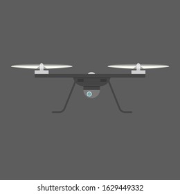 A drone with propellers and a video camera. Vector flat cartoon illustration. Concept: new technologies for video shooting, order on the road, farm control, crops, drawing up geographical maps, icon.