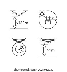 Juego de iconos de etiquetas manuales lineales de control adecuado de drones. Límite de altitud. Símbolos de contorno de línea delgada personalizables. Ilustraciones aisladas de esquema vectorial para instrucciones de uso del producto. Trazo editable