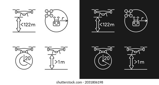 Drone proper control linear manual label icons set for dark and light mode. Customizable thin line symbols. Isolated vector outline illustrations for product use instructions. Editable stroke