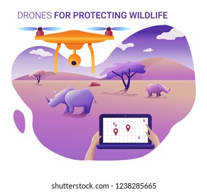 Drone for protecting wildlife. Drone fly over the landscape and makes geolocation and counting animals.