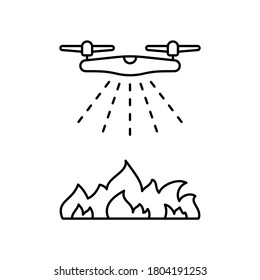 Drone puts out fire. Linear icon of firefighting quadcopter. Black simple illustration of airplane spraying water or flame retardant fluid from air. Contour isolated vector image on white background