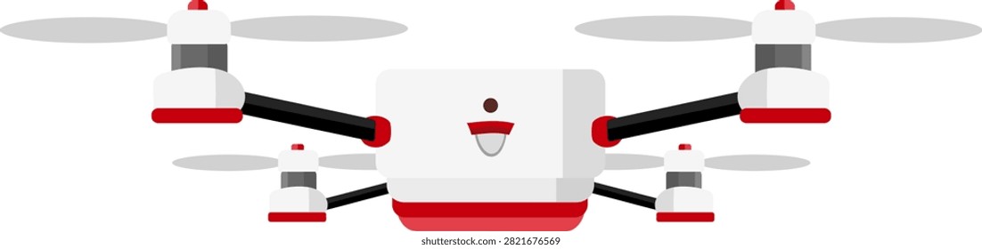Drone quad copter aerial technology remote flight illustration modern red gray minimal drone quad copter illustration with red and gray body, propeller and camera housing, for aerial technology