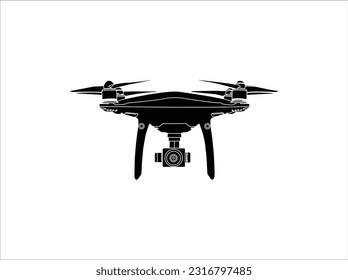 Drone quadcopter with action camera. Symbol graphic design, with a simple and clean shape.Remote aerial drone with a camera taking photography or video recording. Vector art on isolated background.