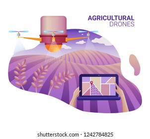 Drone or quadcopter for Agriculture. Vector illustration of landing page template. Drone fly over the field and makes spraying or watering. Hands controlling the drone via laptop.