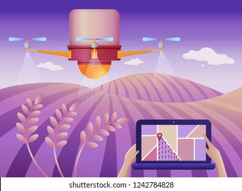 Drone or quadcopter for Agriculture. Vector illustration. Drone fly over the field and makes spraying or watering. Hands controlling the drone via laptop.