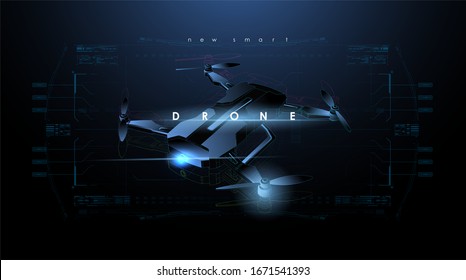 Drone or quadcopter with camera. Digital entertainment flight drone, aerial photo surveillance copter. Creative template with HUD futuristic elements.