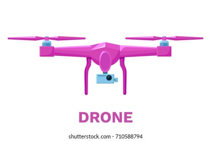 Drone or quadcopter colorful pink icon in flat style, flying gadget with video camera, vector illustration