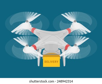 Drone quadcopter delivery concept flat 3d web isometric infographic vector. Multi copter handling box.