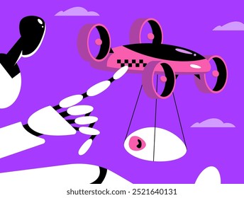 Drone quadcopter delivery of a newborn baby. Flat vector illustration in cartoon style.