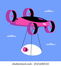 Drone quadcopter delivery of a newborn baby. Flat vector illustration in cartoon style.