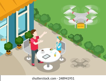 Drone quadcopter delivery online product store concept flat 3d web isometric infographic vector. Family dad and son on terrace welcomes multi copter handling box order. Creative people collection.