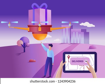 Drone or quadcopter delivery service concept. Vector illustration. Drone fly over the city and delivering a box. Hands controlling quadcopter via digital tablet.