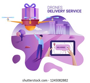 Drone or quadcopter delivery service concept. Vector illustration of landing page template. Drone fly over the city and delivering a box. Hands controlling quadcopter via digital tablet.