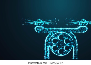 drone quadcopter with digital camera ,Abstract 3d polygonal wireframe on blue night sky with dots and stars. illustration or background
