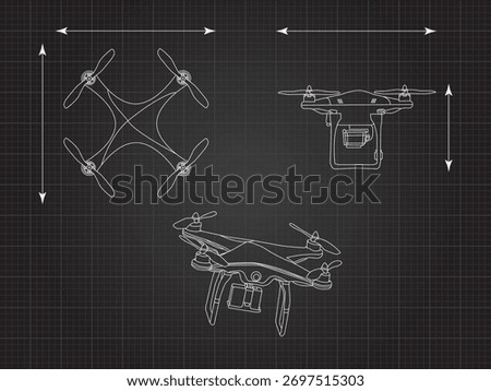 Drone, quadcopter drawing. Industrial drawing. Control panel. Front view, top view. Vector illustration.