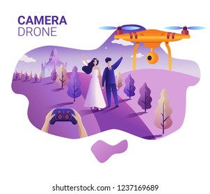 Drone or quadcopter for events. Vector illustration of landing page template. Drone fly over the wedding location and makes a video and photos. Hands controlling the drone via joystick.