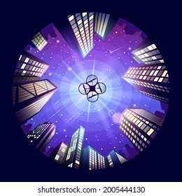 Drone or quadcopter flies over the city. City of the future. City landscape with a flying drone. Illustration for cover, advertisement, banner. Mobile theme or wallpaper. Stock vector illustration.