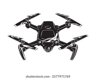 Drone quadcopter flight silhouette isolated on the white background, black and white vector illustration