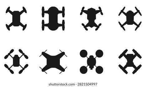 Drone and Quadcopter icon set in black silhouette vector style featuring varied body shapes, arm lengths, and rotor configurations for EPS technology, aerial, and engineering layouts.