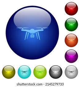Drone quadcopter icons on round glass buttons in multiple colors. Arranged layer structure