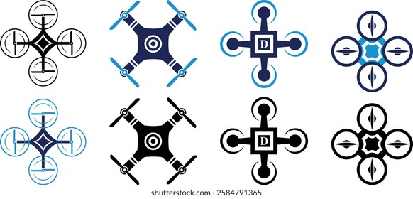 Drone Quadcopter Illustration equipped. Aerial mobile Quad copter drone. Drone Quad-copter legs with action camera isolated on white background. Vector flat illustration. 