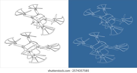 drone or quadcopter isometric view vector line blueprint wireframe technical drawing isolated on transparent background