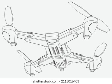 Disparo de línea de cuadrilátero con drones. Signo aislado del vector del dron sobre fondo blanco